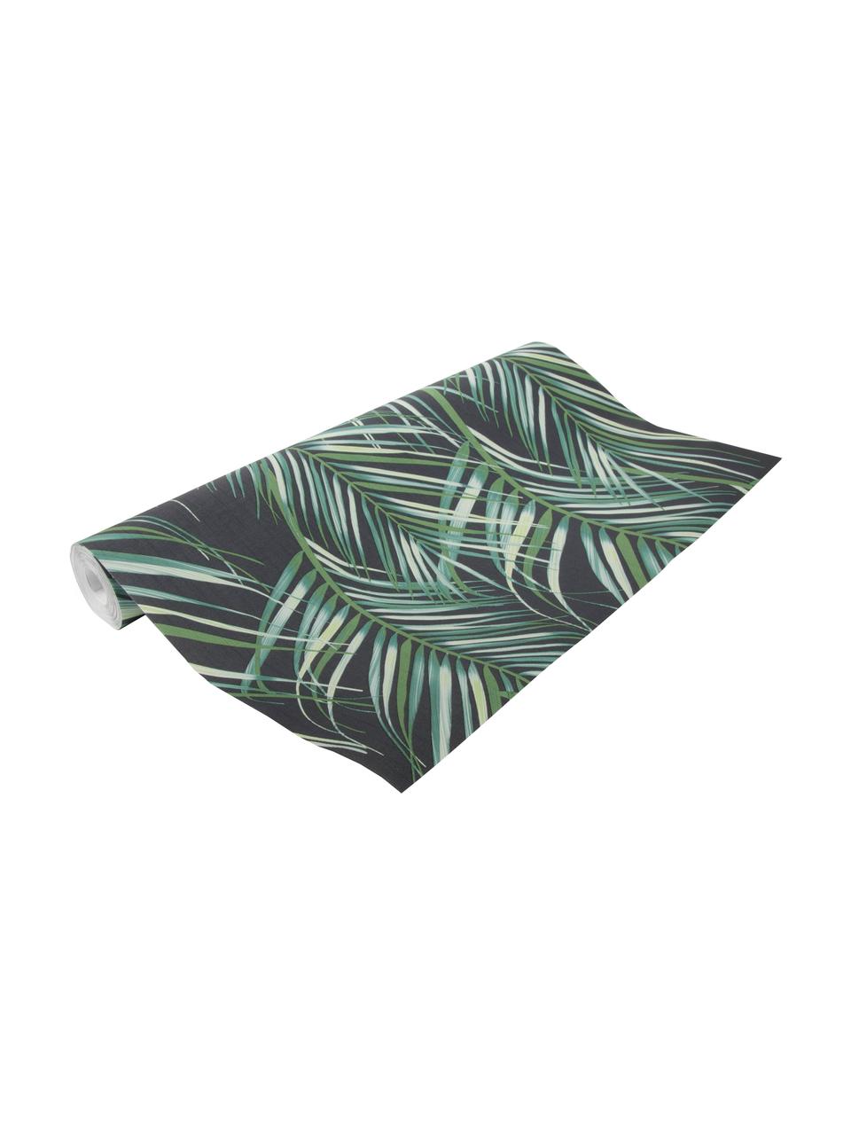 Carta da parati Palm Leaves, Vello, Tonalità verdi, nero, Larg. 52 x Lung. 1005 cm