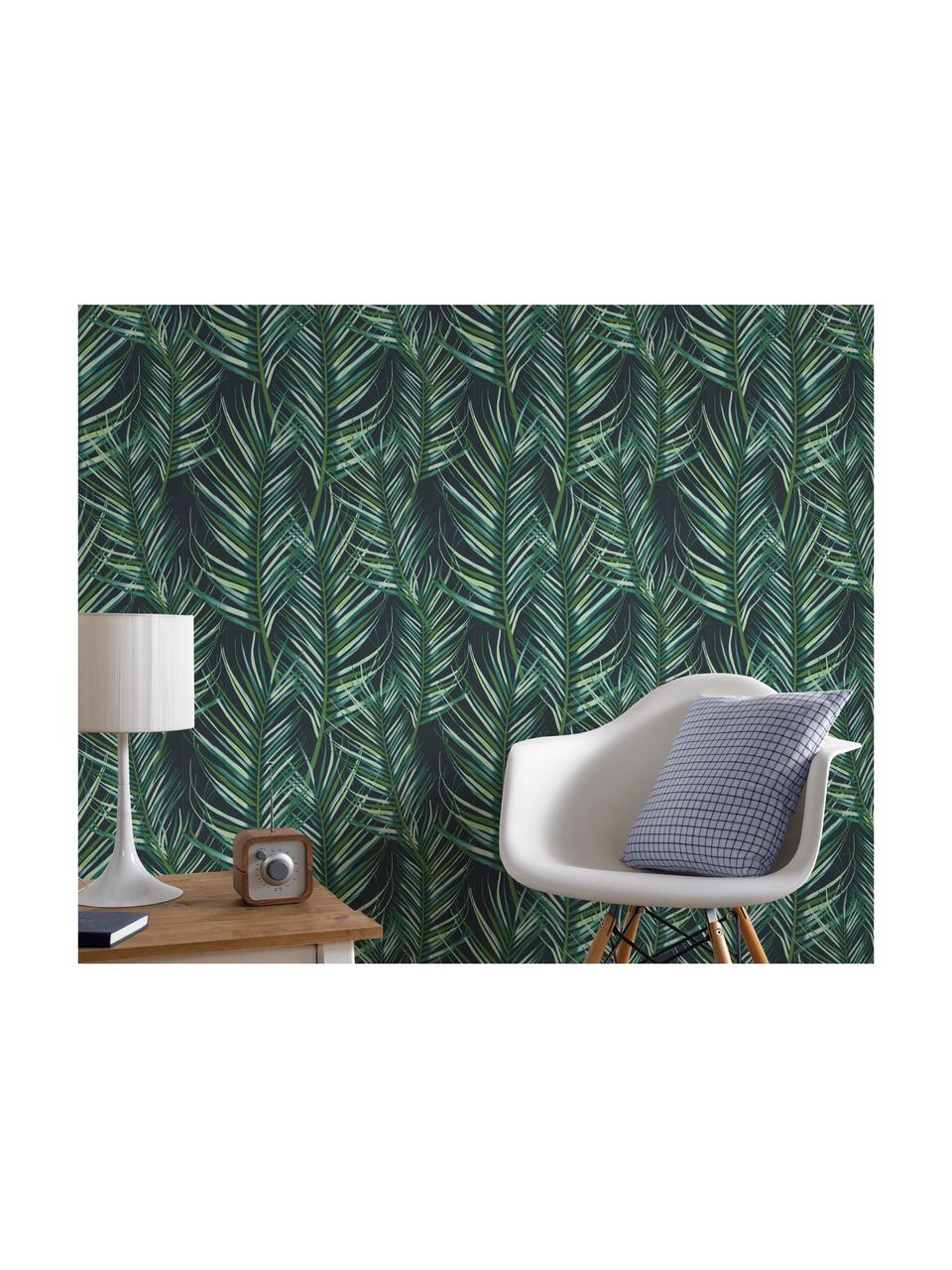 Papel pintado Palm Leaves, Tejido no tejido, Tonos verdes, negro, An 52 x L 1005 cm