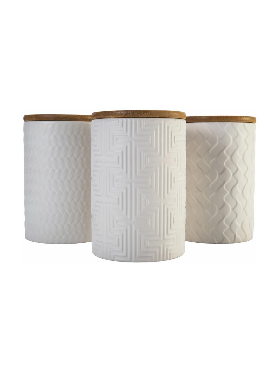 Set di 3 contenitori con motivo in rilievo Geometry, Contenitore: pietra dolomitica, Coperchio: legno, Bianco, blu, Ø 10 x Alt. 15 cm