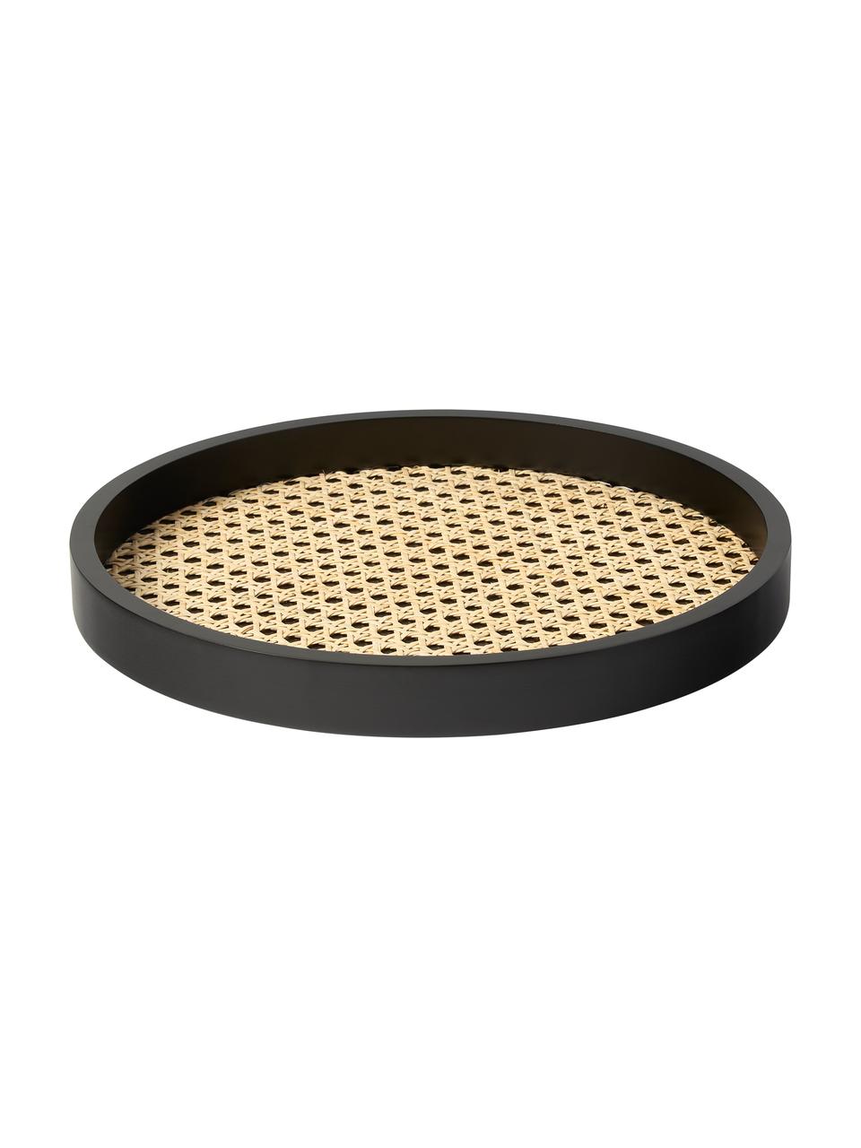 Rond decoratief dienblad Carina met Weens vlechtwerk, Plank: rotan, Rand: MDF, Zwart, Ø 30 x H 3 cm