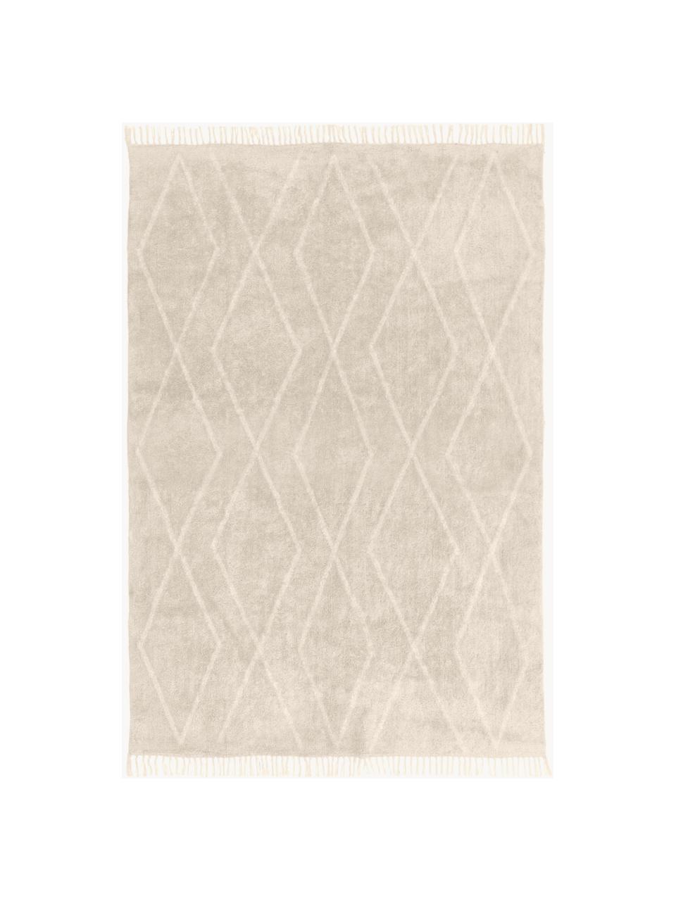 Handgetuft katoenen vloerkleed Bina met ruitjesmotief en franjes, Beige, B 80 x L 150 cm (maat XS)