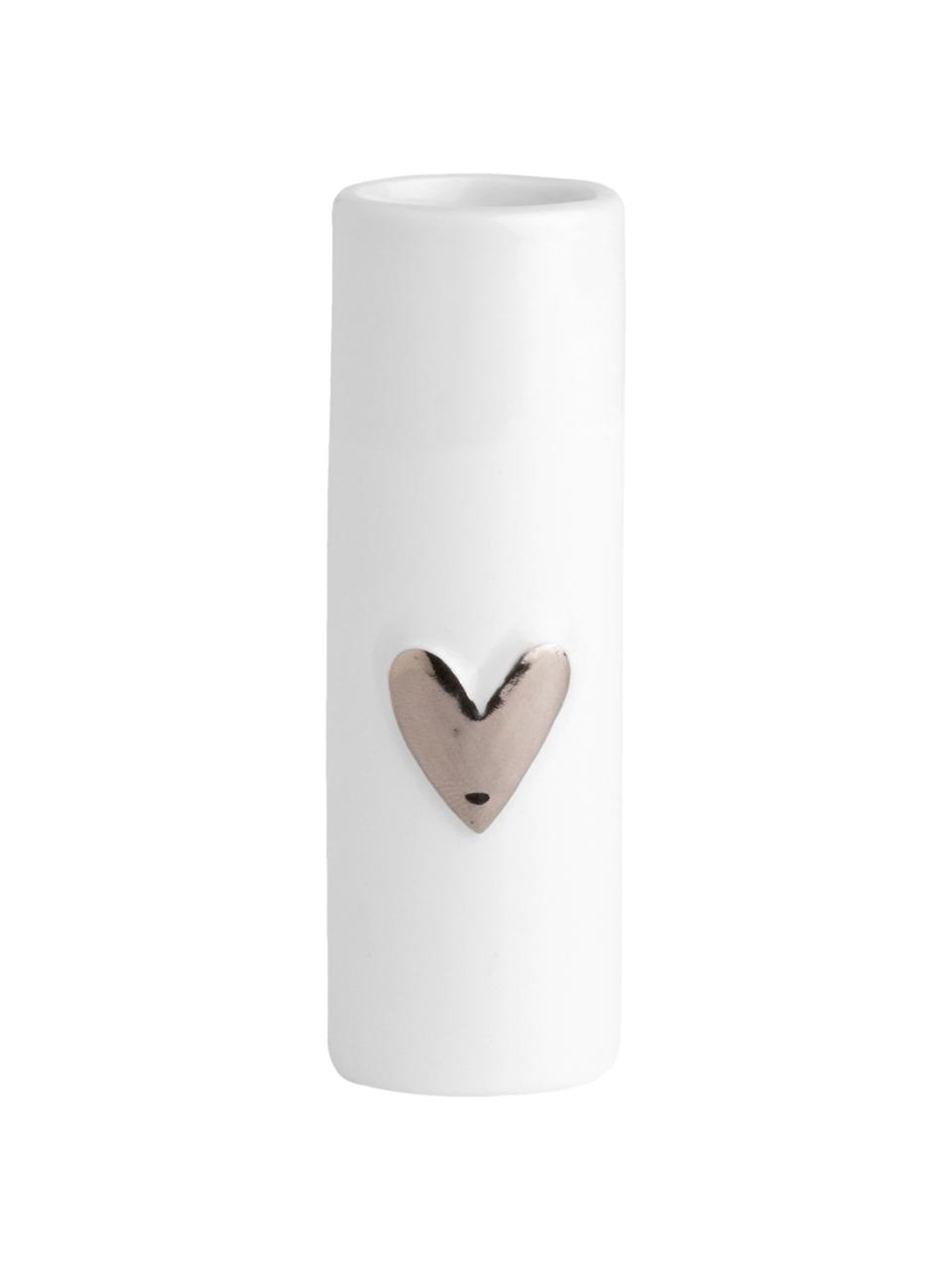 XS porseleinen vazen Heart, 2 stuks, Porselein, Wit, zilverkleurig, Ø 4 x H 9 cm