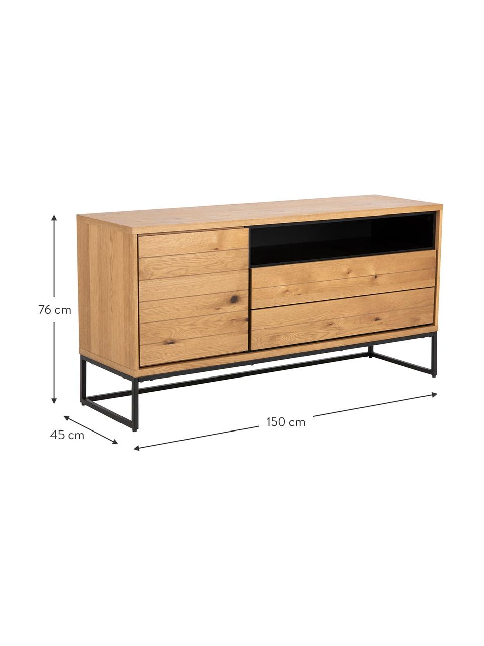 Dressoir Dalarna met lades en eikenhoutfineer, Frame: MDF met wild eikenhoutfin, Poten: gepoedercoat metaal, Wild eikenhout, zwart, 150 x 76 cm