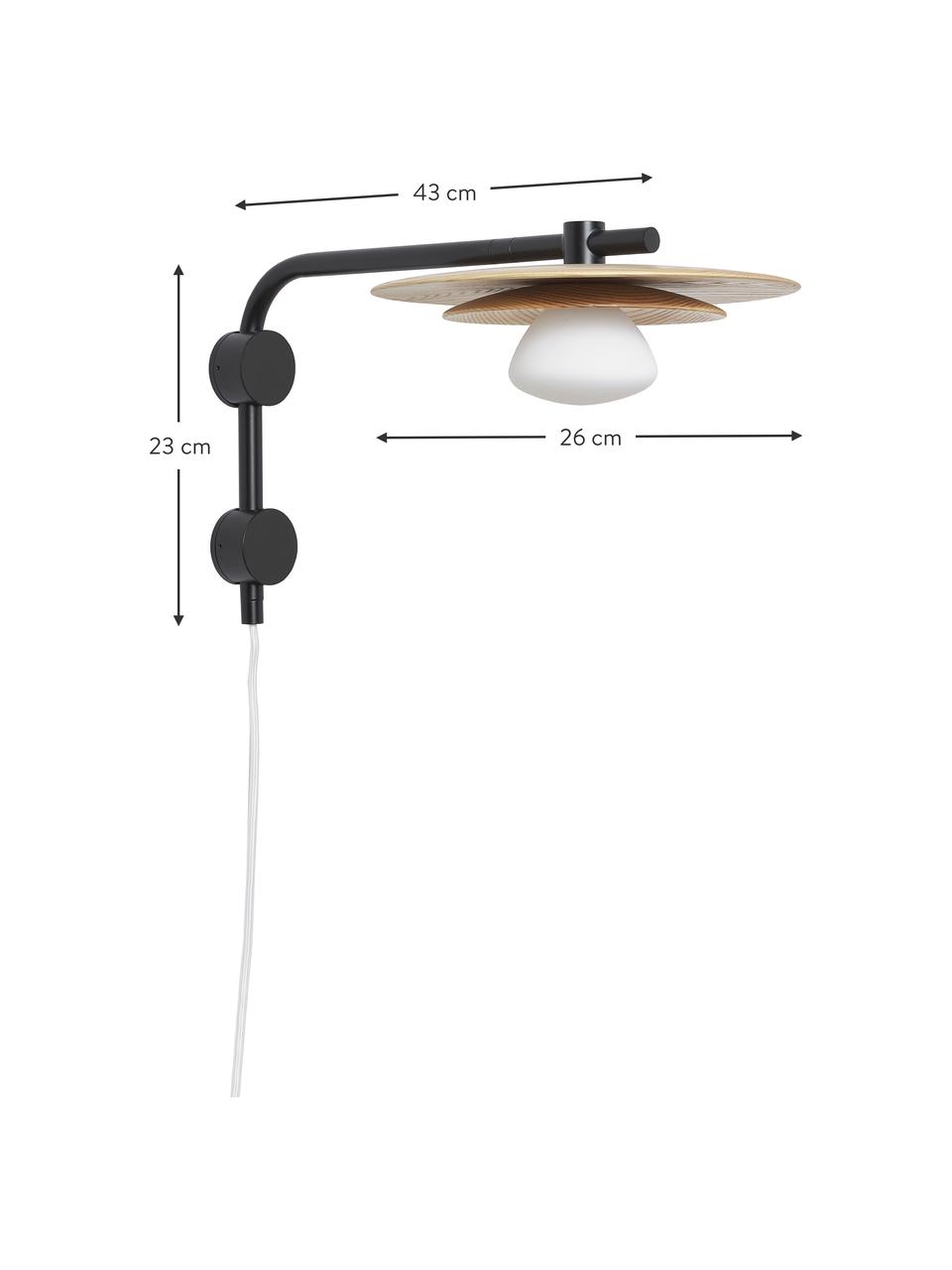 Aplique orientable de madera fresno Zadie, Estructura: metal con pintura en polv, Cable: plástico, Negro, madera de fresno, Ø 9 x Al 23 cm