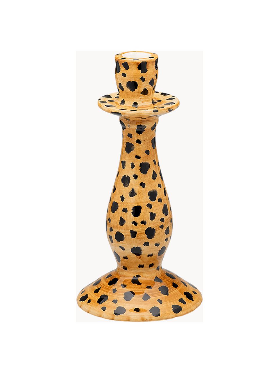 Ručně malovaný svícen Leopard, Kamenina, Světle hnědá, černá, Ø 12 cm, V 24 cm