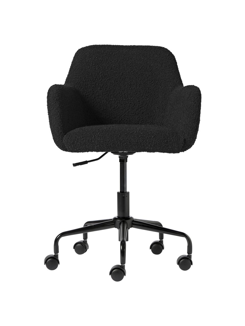 Bouclé bureaustoel Lucie in zwart, Bekleding: 80% polyester (bouclé), 2, Poten: metaal, gepoedercoat, Wieltjes: kunststof, Bouclé zwart, B 57 x H 57 cm