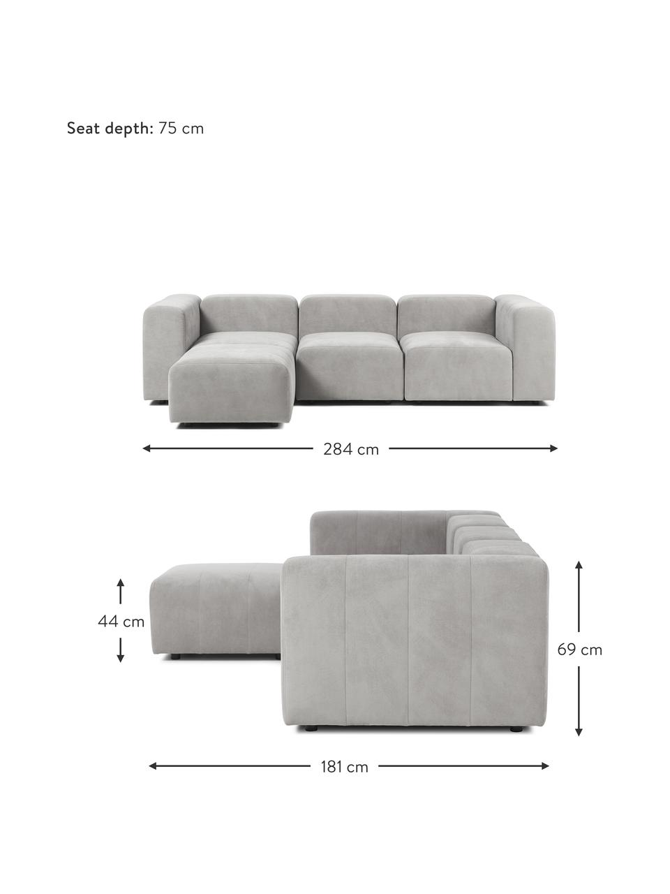 Canapé modulable 4 places avec tabouret Lena, Tissu gris argent, larg. 284 x prof. 181 cm