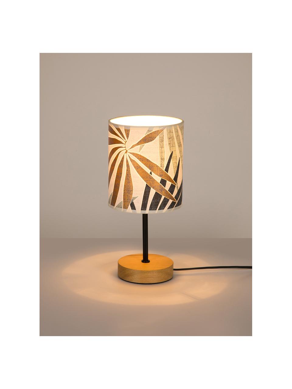 Tischlampe Hoja mit Dschungel-Print, Lampenschirm: Papier, Lampenfuß: Eichenholz, geölt, Beige, Grün, Goldfarben, Ø 13 x H 34 cm