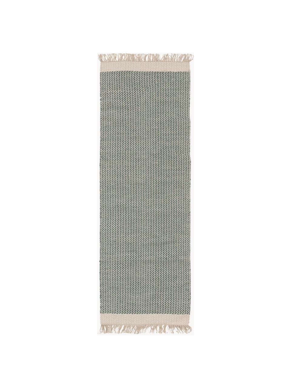 Tapis d'entrée en laine à franges tissé main Kim, 80 % laine, 20 % coton

Les tapis en laine peuvent perdre des fibres lors des premières semaines et des peluches peuvent se former, ce phénomène est naturel et diminue à mesure de votre usage et du temps, Vert sauge, beige clair, larg. 70 x long. 200 cm