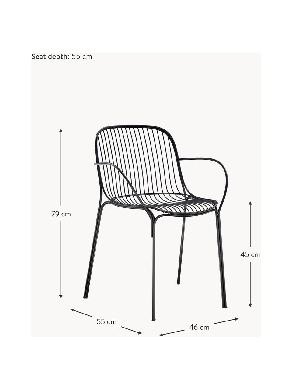 Krzesło ogrodowe z podłokietnikami Hiray, Stal ocynkowana, lakierowana, Czarny, S 46 x G 55 cm