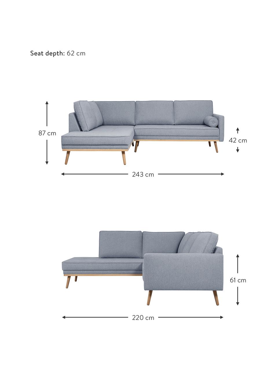 Divano angolare 3 posti in tessuto blu grigio Saint, Rivestimento: poliestere 50.000 cicli d, Struttura: legno di pino massiccio, , Tessuto blu grigio, Larg. 243 x Prof. 220 cm