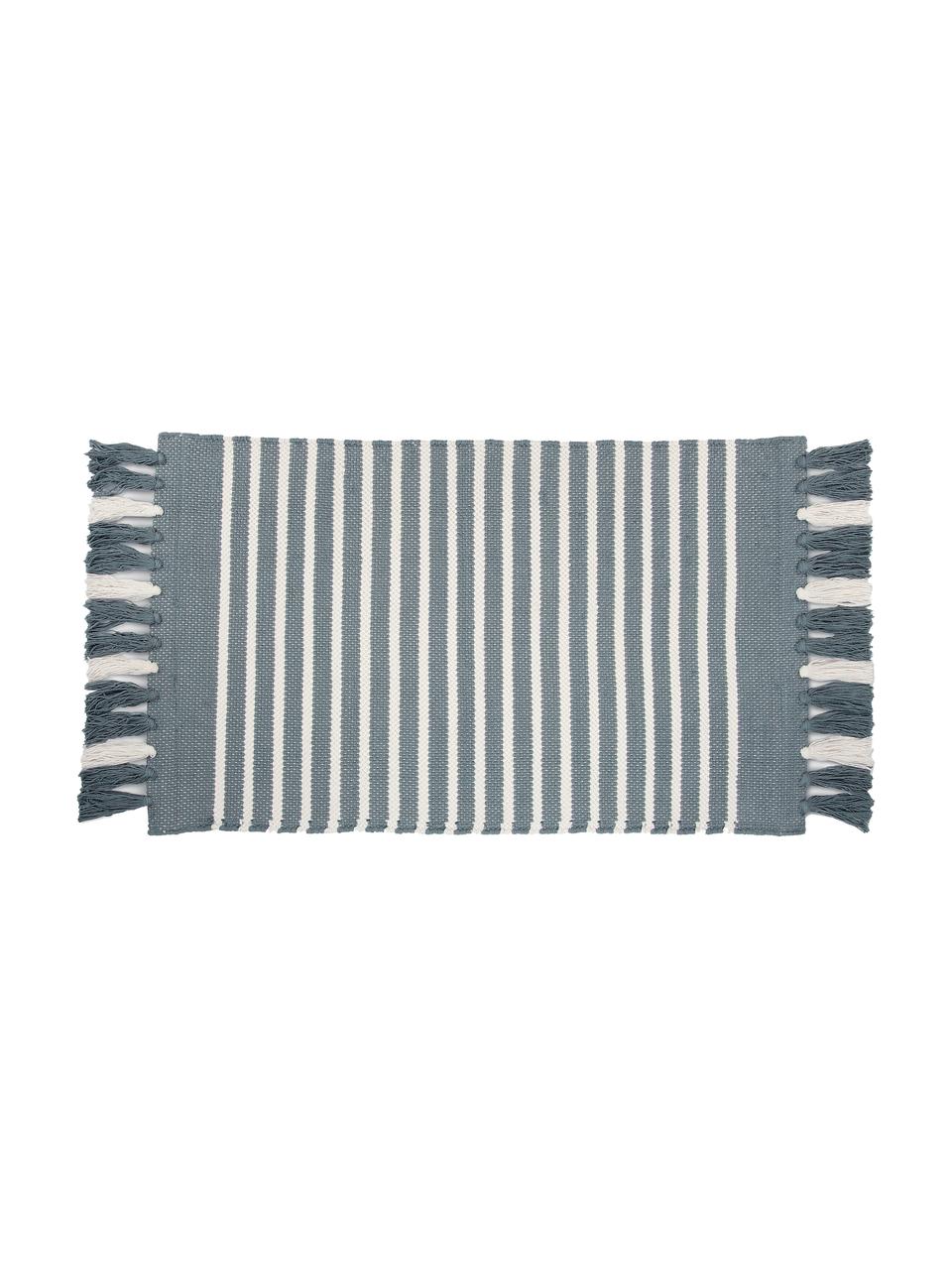 Tapis de bain bleu Stripes & Structure, 100 % coton, Bleu, blanc cassé, larg. 60 x long. 100 cm