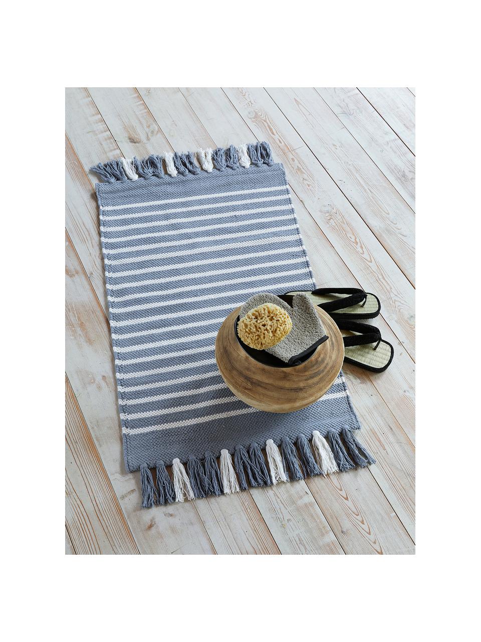 Tappeto bagno con frange Stripes & Structure, 100% cotone, Blu, bianco latteo, Larg. 60 x Lung. 100 cm