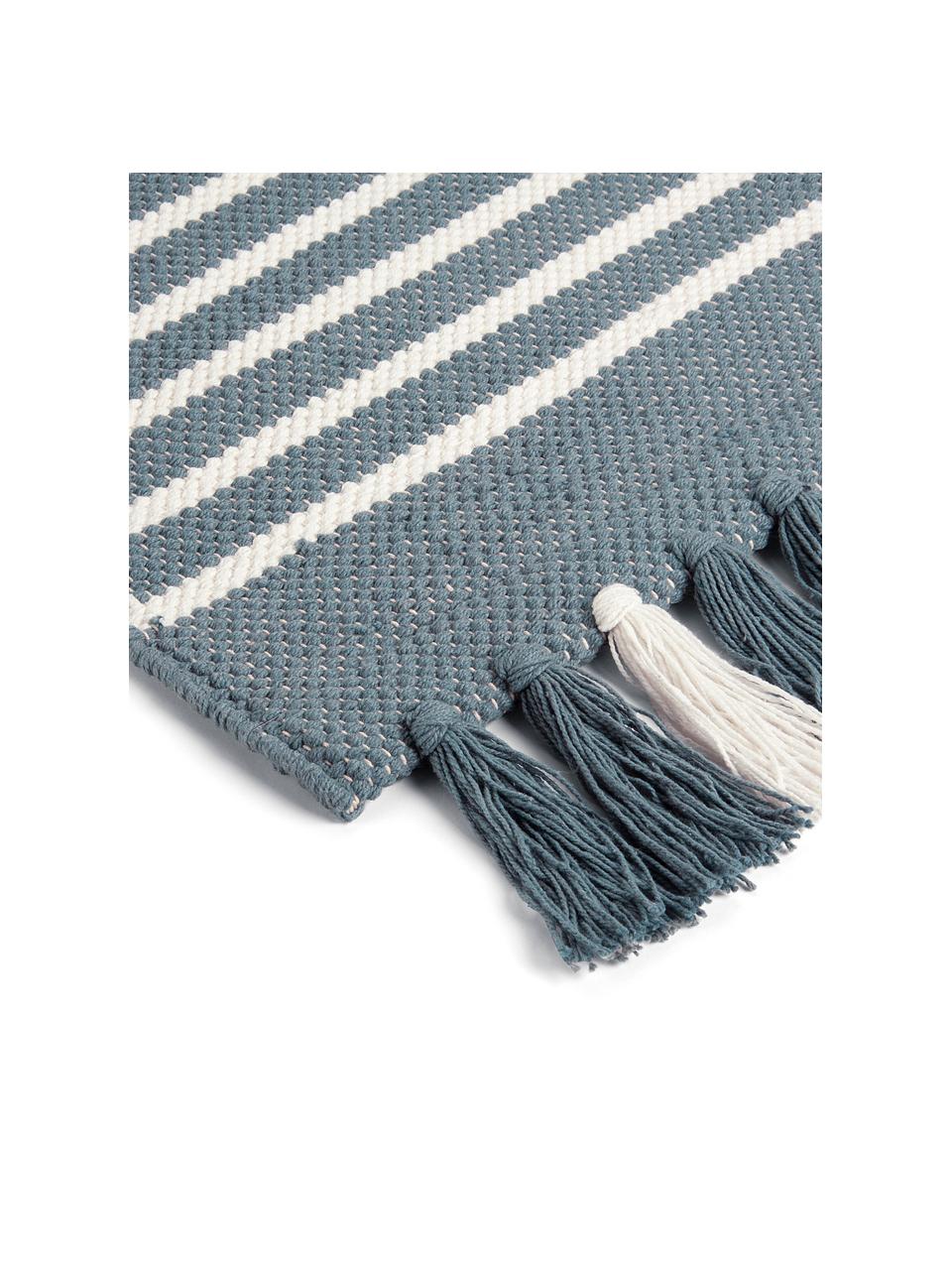 Gestreepte badmat Stripes & Structure met franjes, 100% katoen, Blauw, gebroken wit, B 60 x L 100 cm