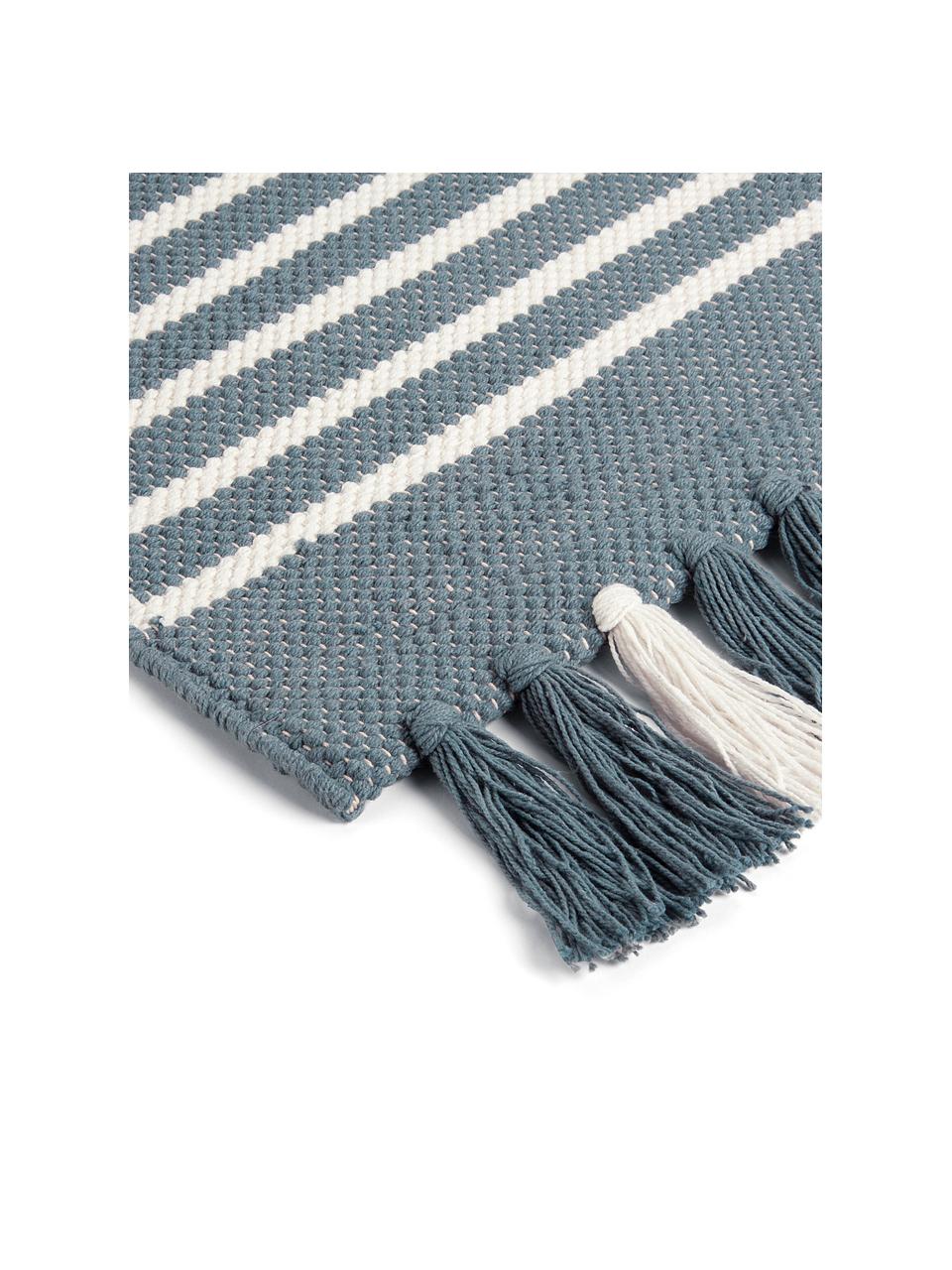 Tappeto bagno con frange Stripes & Structure, 100% cotone, Blu, bianco latteo, Larg. 60 x Lung. 100 cm