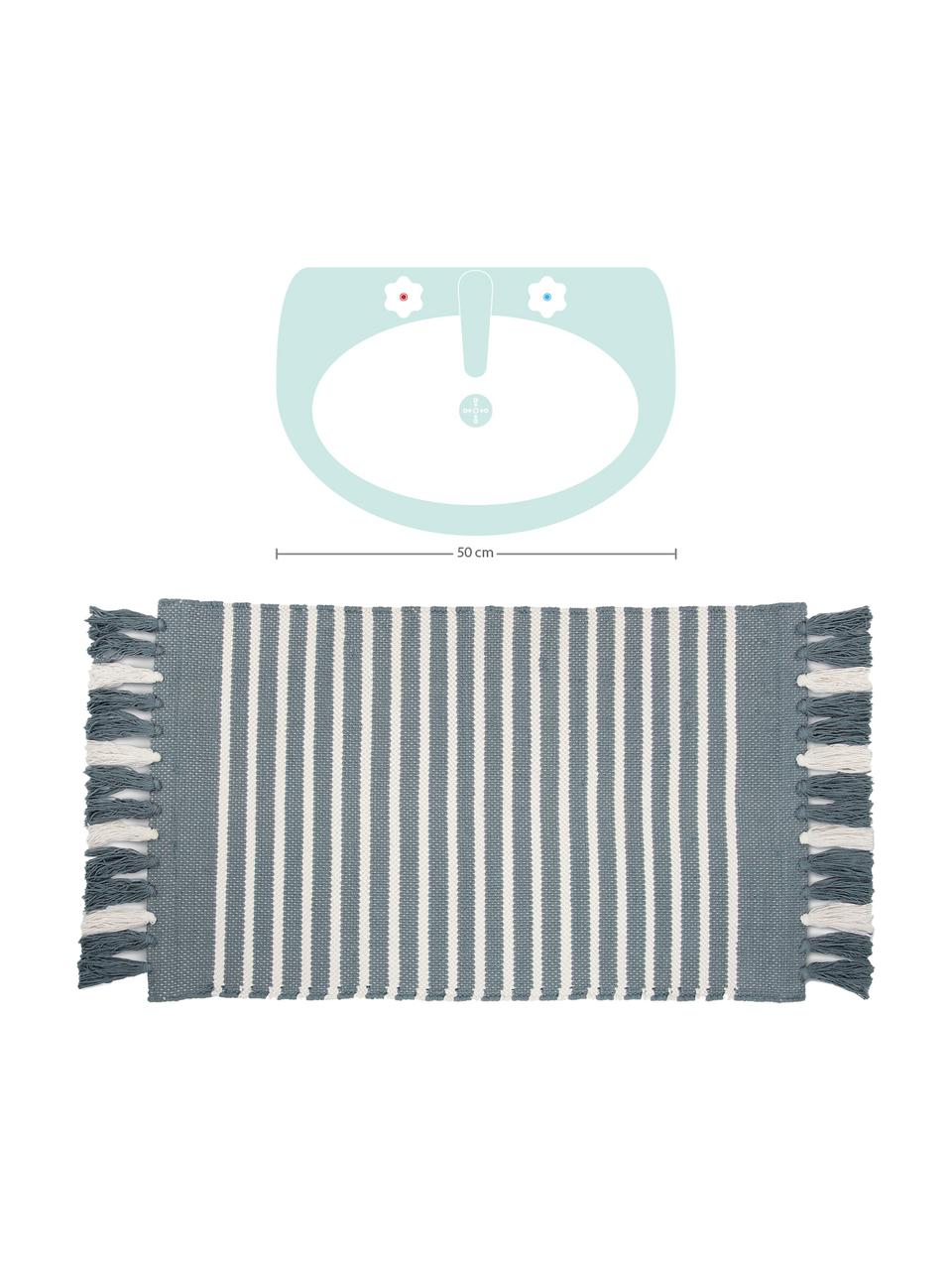Gestreepte badmat Stripes & Structure met franjes, 100% katoen, Blauw, gebroken wit, B 60 x L 100 cm