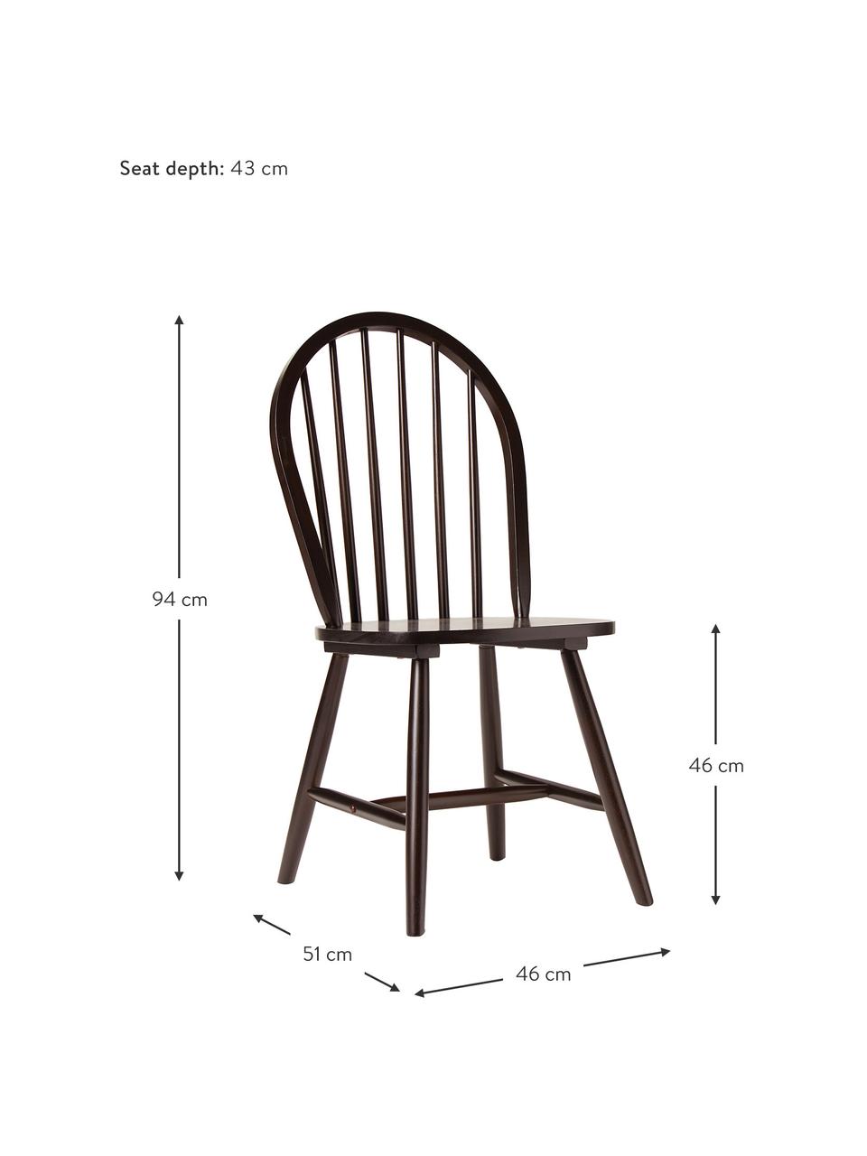 Windsor houten stoelen Megan in donkerbruin, 2 stuks, Gelakt rubberhout, Rubberhoutkleurig, bruin gelakt, B 46 x D 51 cm