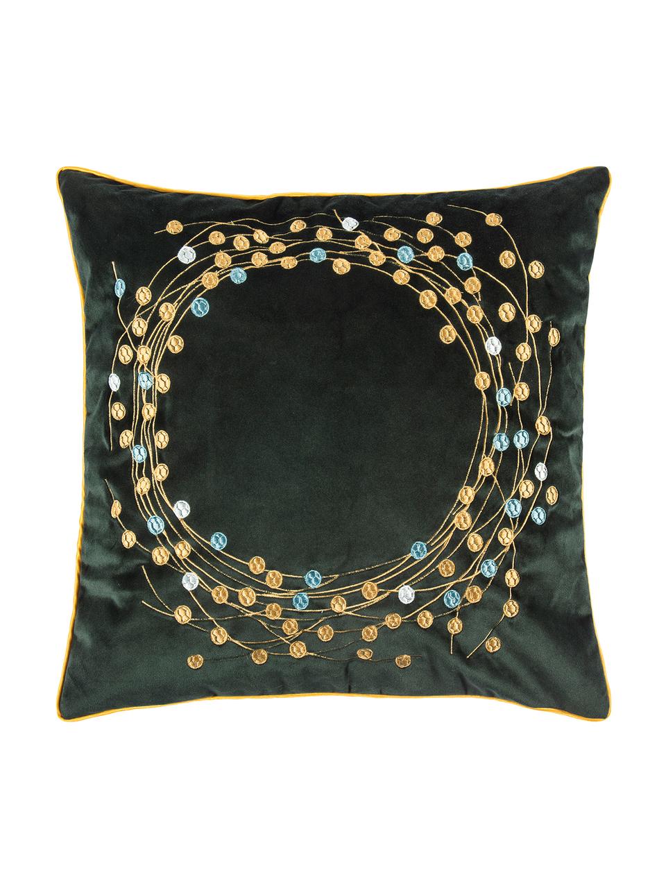 Poszewka na poduszkę z aksamitu Circle, Aksamit poliestrowy, Ciemny zielony, odcienie złotego, S 45 x D 45 cm
