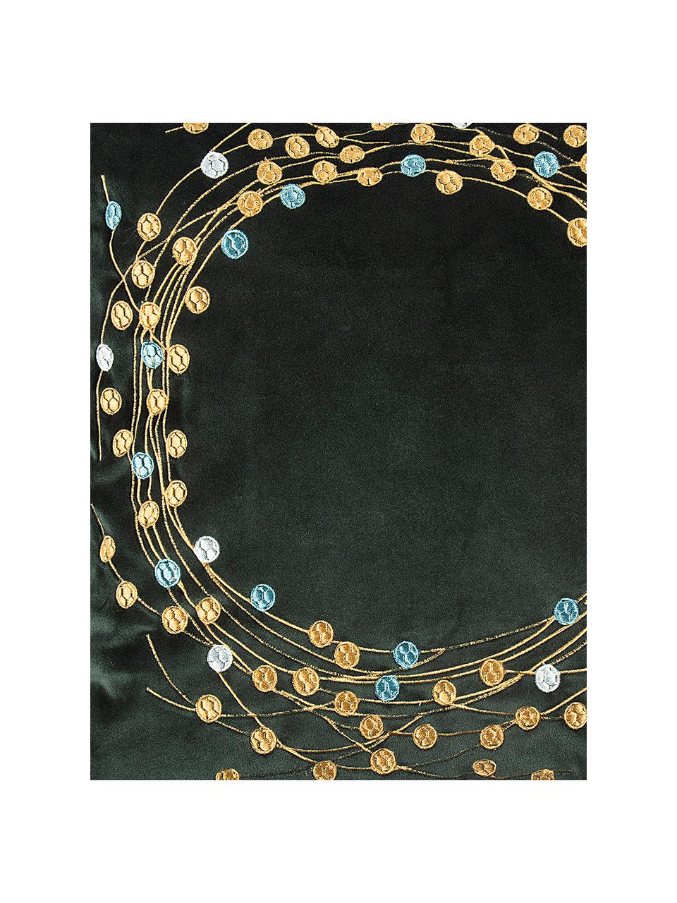 Fluwelen kussenhoes Circle met geborduurd wintermotief, Polyester fluweel, Donkergroen, goudkleurig, 45 x 45 cm