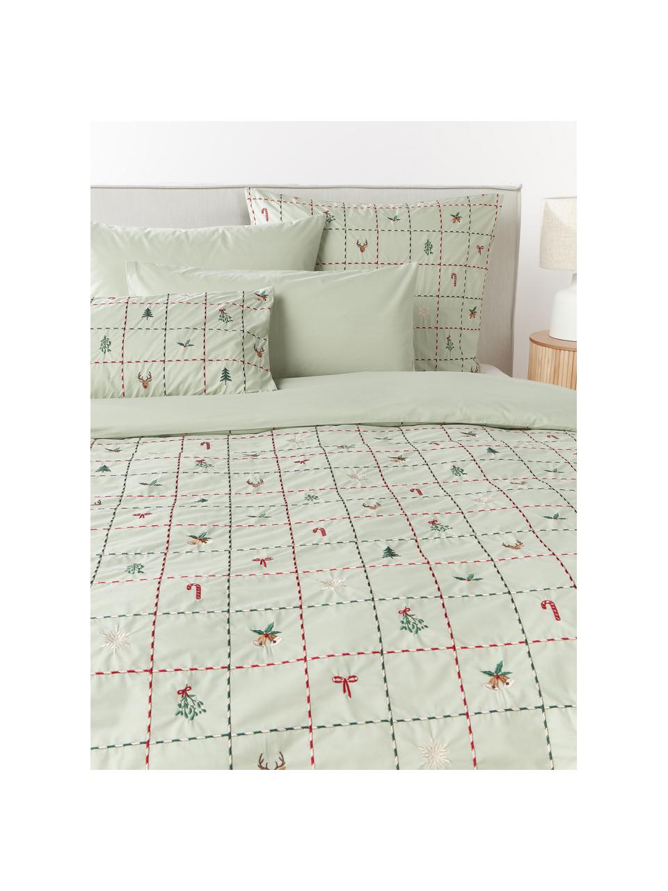 Housse de couette en percale de coton avec imprimé Noël brodé Rudy, Vert sauge, multicolore, larg. 200 x long. 200 cm