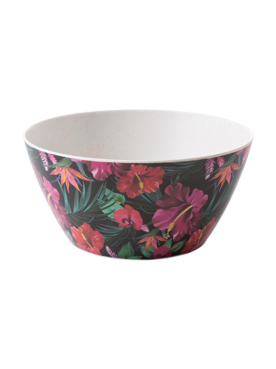 Bamboehouten schaal Tropical Flower, 55% bamboevezels, 25% maïszetmeel, 15% melamine, Groentinten, fuchsiakleurig, rood, wit, Ø 15 x H 7 cm