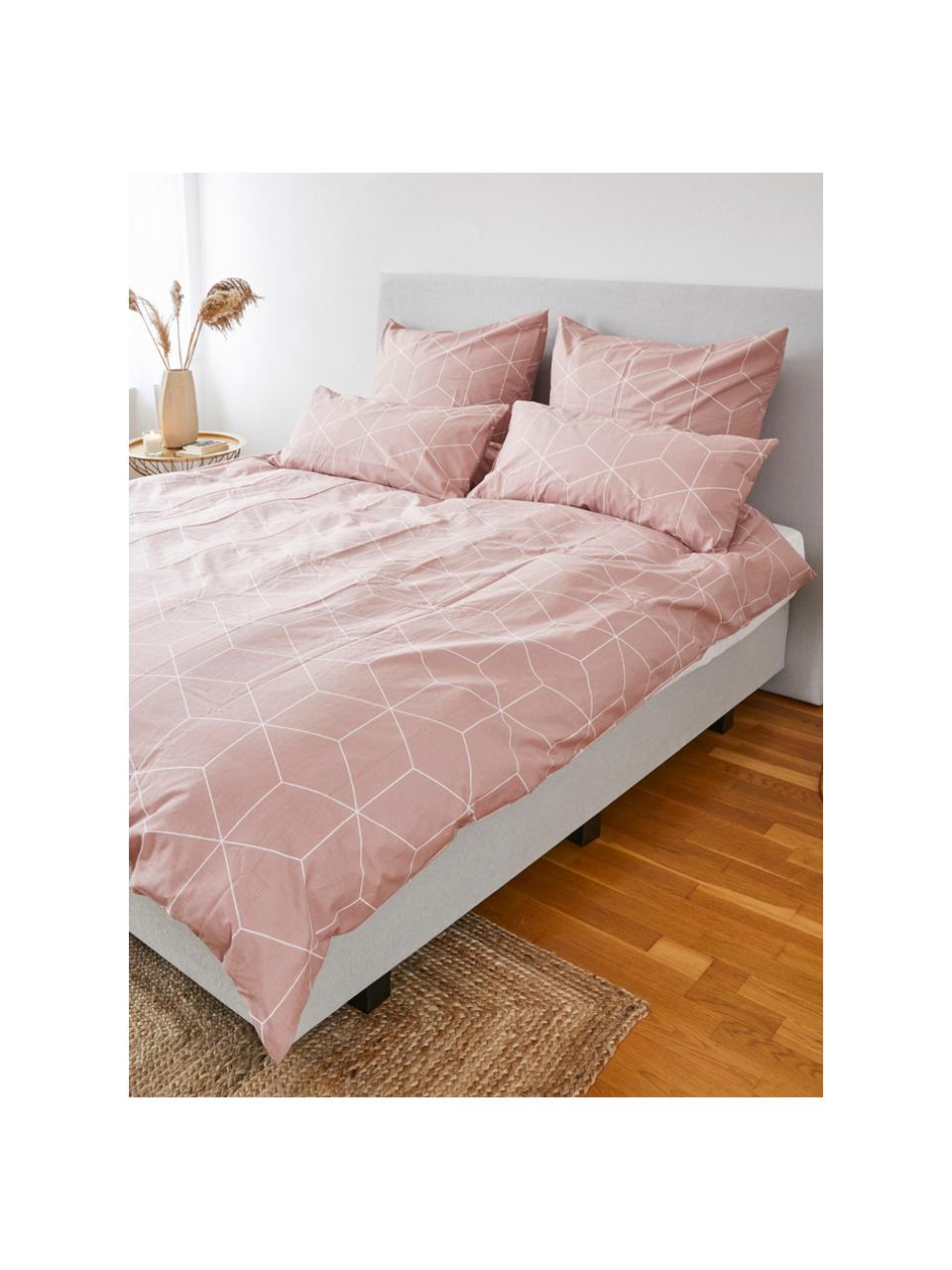 Bavlnená posteľná bielizeň s grafickým vzorom Lynn, Tmavoružová, biela, 200 x 200 cm + 2 vankúše 80 x 80 cm