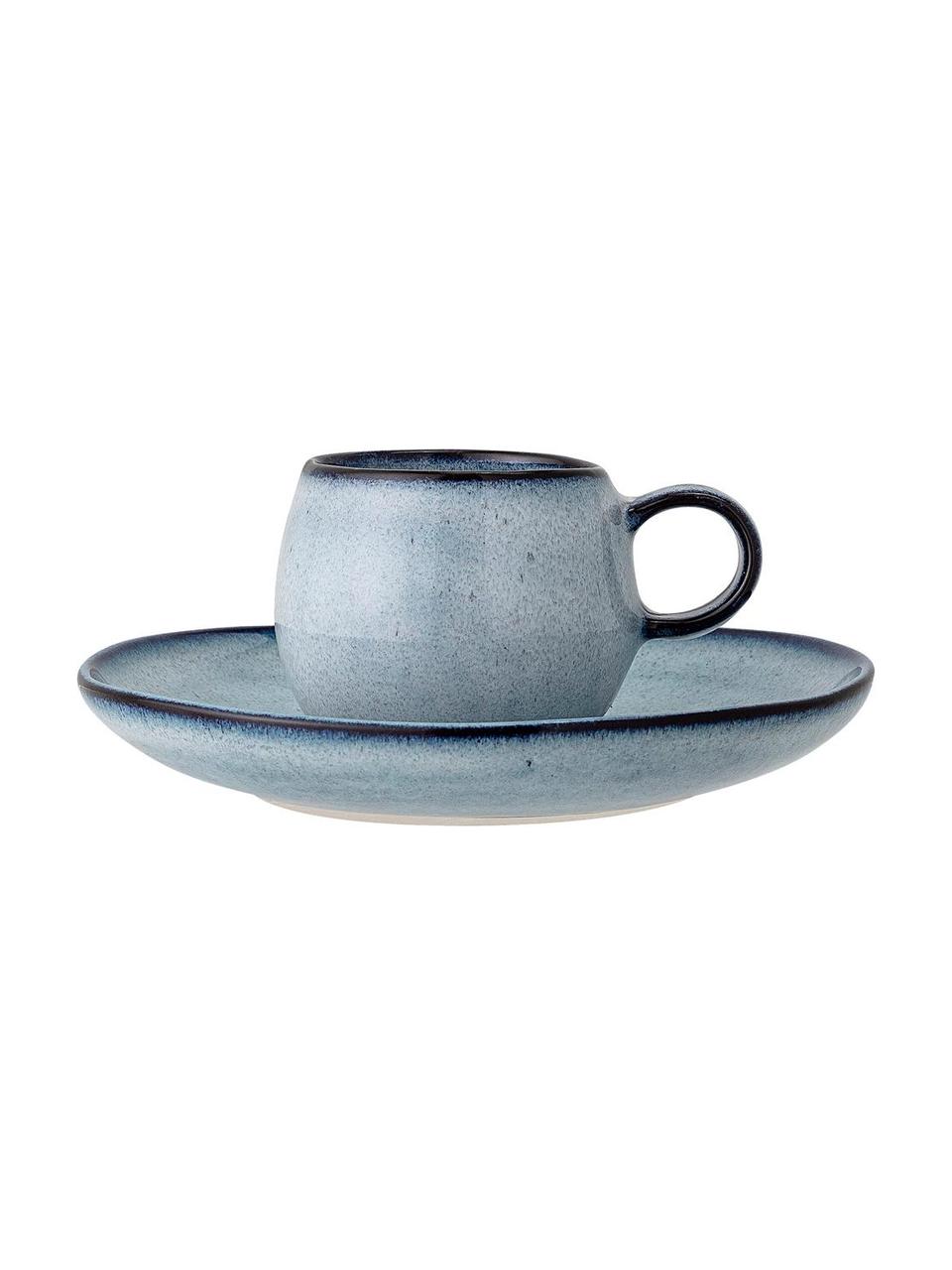 Taza con platito de gres artesanal Sandrine, Gres, Tonos azules, Ø 7 x Al 6 cm, 100 ml