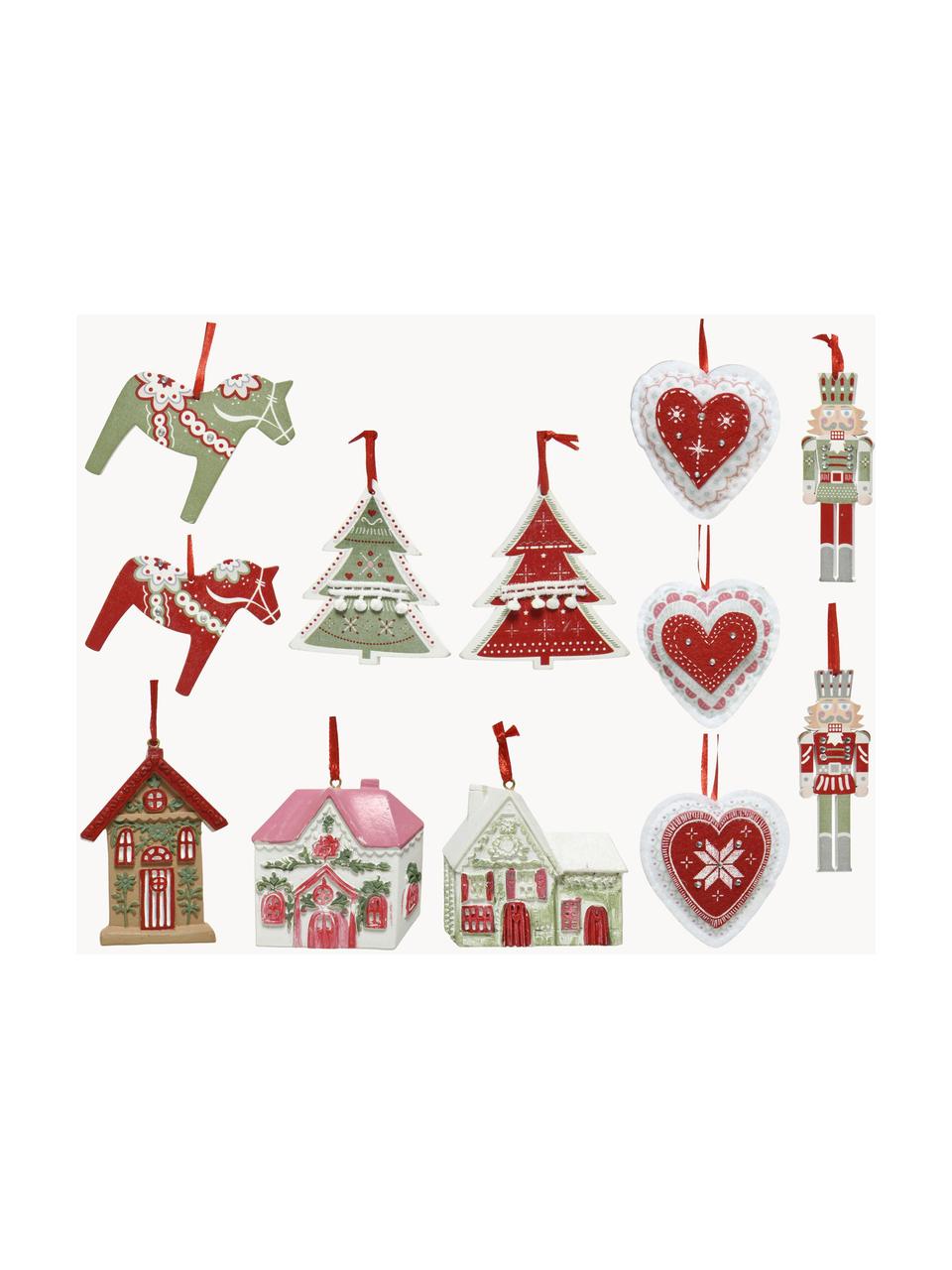 Kerstboomhanger Mille, set van 12, Wit, rood, groen, Set met verschillende formaten