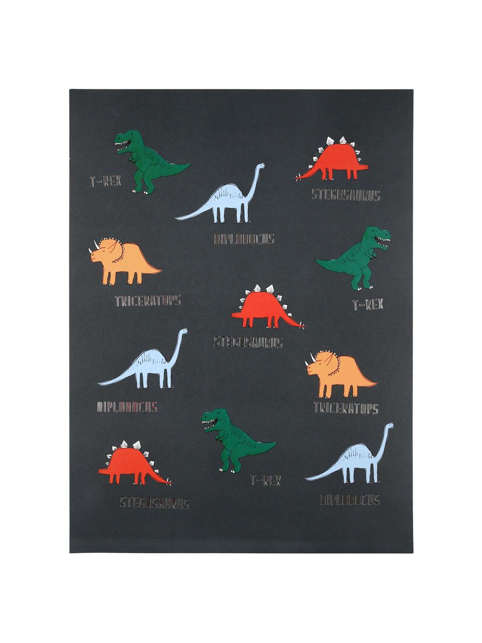 Komplet plakatów Dinosaur, 2 elem., Druk cyfrowy na papierze, 200 g/m², Zielony, szary, żółty, czerwony, niebieski, S 31 x W 41 cm