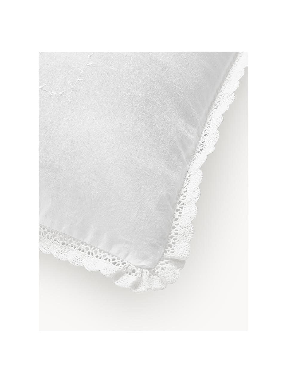 Funda de almohada de percal bordada con cenefa Juliette, Blanco, An 45 x L 110 cm