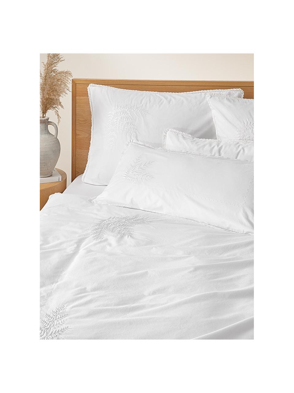 Funda de almohada de percal bordada con cenefa Juliette, Blanco, An 45 x L 110 cm