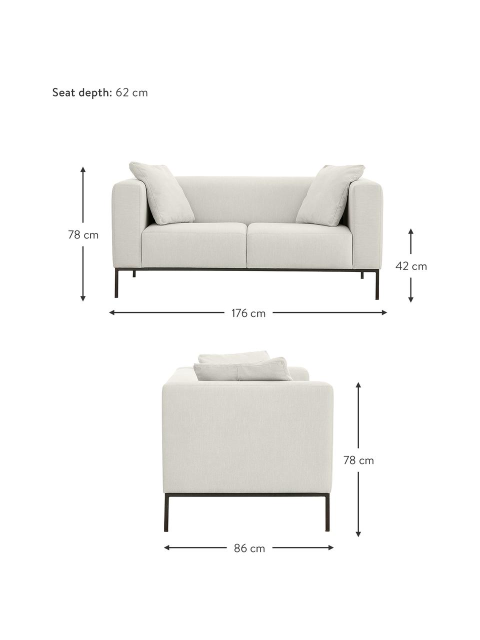 Bank Carrie (2-zits) in lichtgrijs met metalen poten, Bekleding: polyester, Frame: spaanplaat, hardboard, mu, Poten: gelakt metaal, Geweven stof lichtgrijs, B 176 x D 86 cm