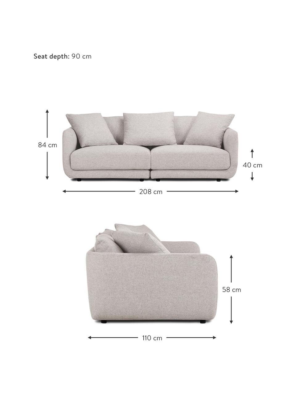 Sofa modułowa Jasmin (3-osobowa), Tapicerka: 100% poliester Dzięki tka, Nogi: tworzywo sztuczne, Jasnoszara tkanina, S 208 x W 84 cm