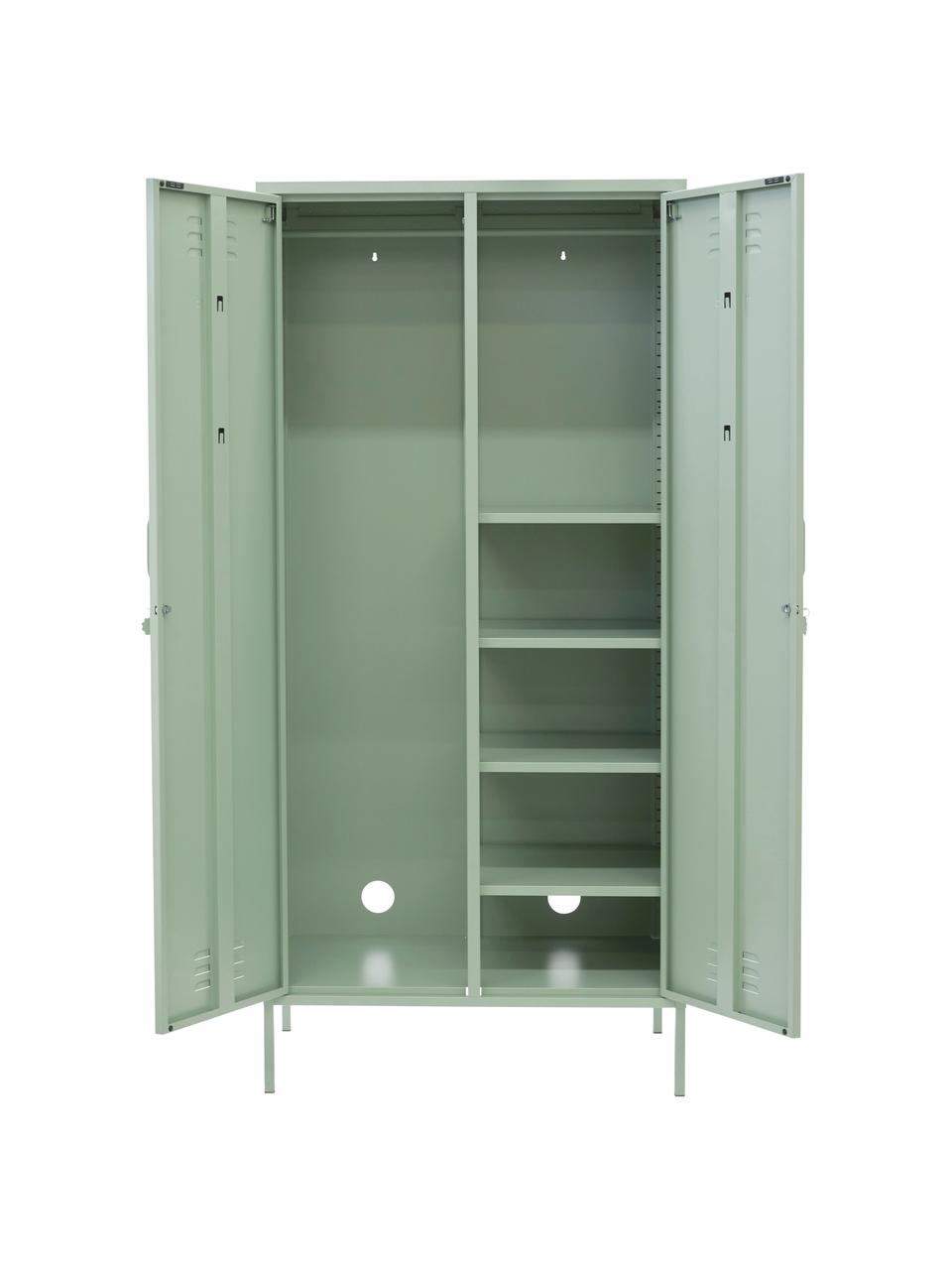 Kleine kledingkast Twinny, Gepoedercoat staal, Saliegroen, B 85 x H 183 cm
