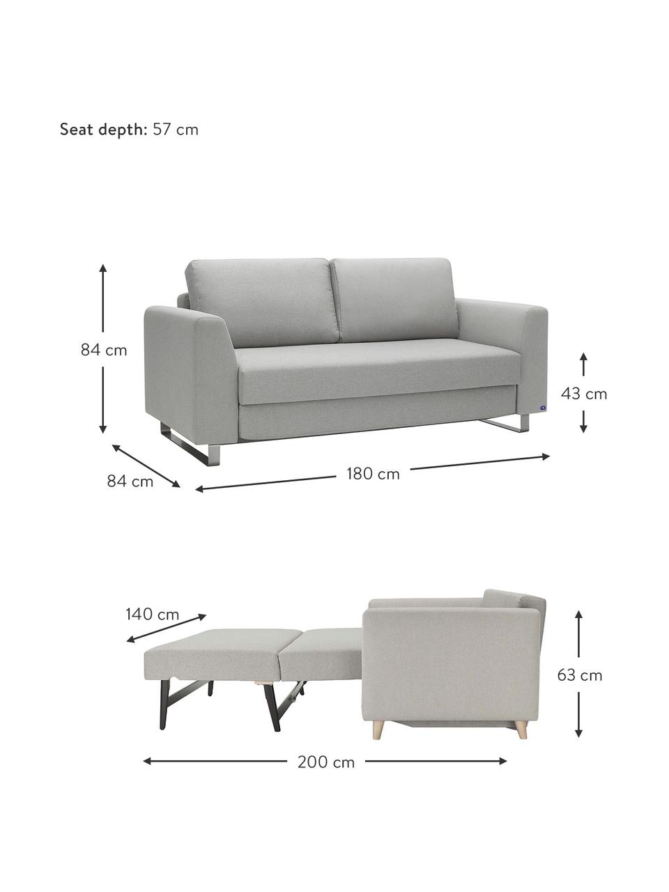 Schlafsofa Bruno (2-Sitzer) in Hellgrau, ausklappbar, Bezug: Pflegeleichtes robustes P, Rahmen: Massivholz, Webstoff Hellgrau, B 180 x T 84 cm