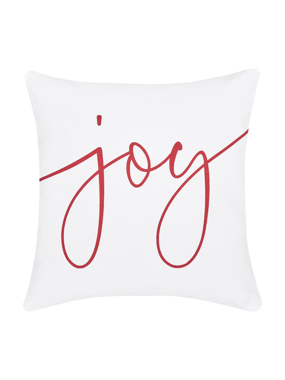 Kissenhülle Joy mit Schriftzug in Weiß-Rot, Baumwolle, Weiß, Rot, 40 x 40 cm
