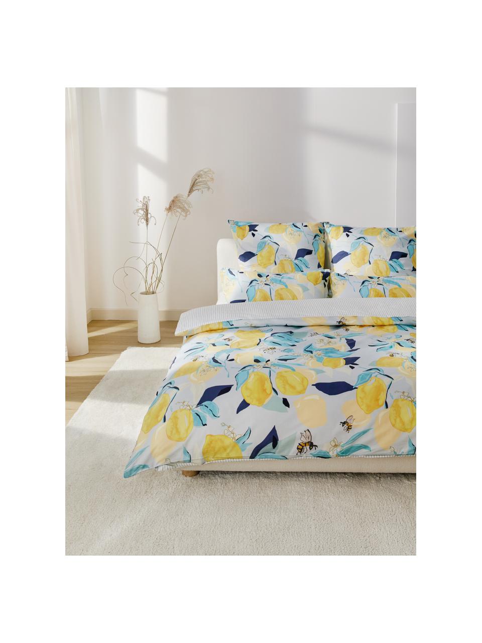 Ropa de cama doble cara de satín Garda, Blanco, amarillo, azul, Cama 80 cm (135 x 200 cm), 2 pzas.