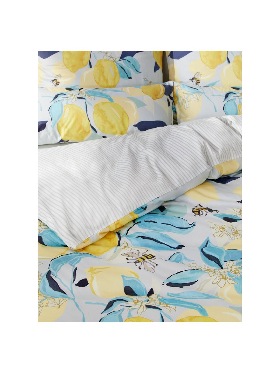 Dwustronna pościel z satyny bawełnianej Garda, Niebieski, żółty, biały, 135 x 200 cm + 1 poduszka 80 x 80 cm