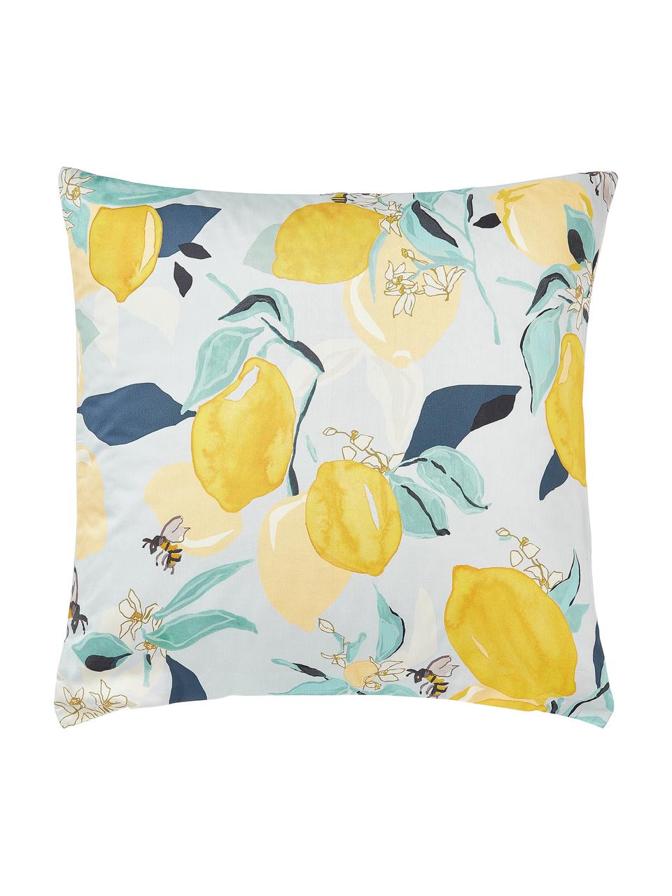 Parure copripiumino reversibile in raso di cotone con motivo limoni e strisce sul retro Garda, Bianco, giallo, blu, 135 x 200 cm + 1 federa 80 x 80 cm