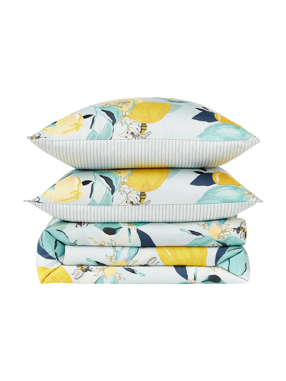 Parure copripiumino reversibile in raso di cotone con motivo limoni e strisce sul retro Garda, Bianco, giallo, blu, 135 x 200 cm + 1 federa 80 x 80 cm