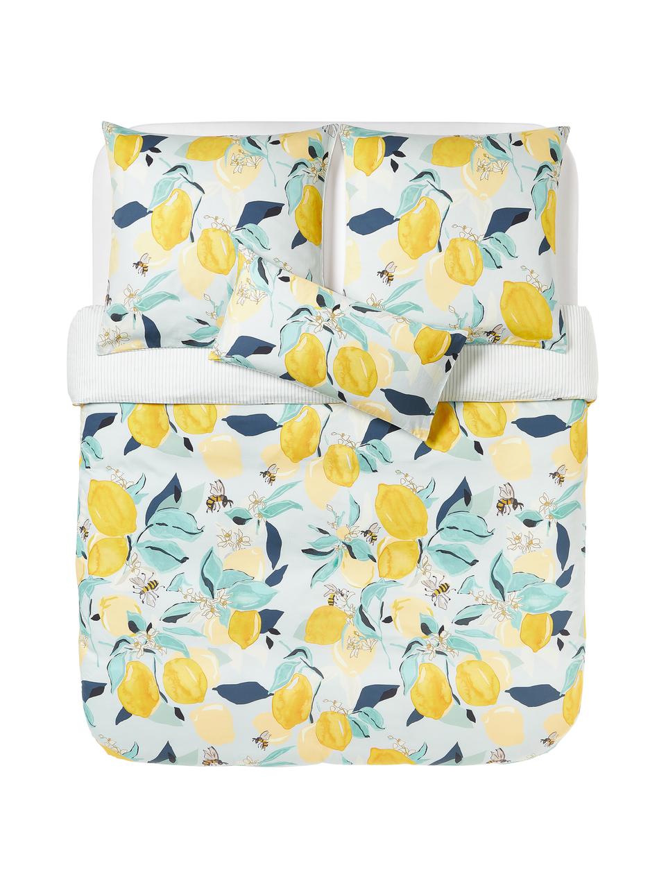 Parure copripiumino reversibile in raso di cotone con motivo limoni e strisce sul retro Garda, Bianco, giallo, blu, 135 x 200 cm + 1 federa 80 x 80 cm