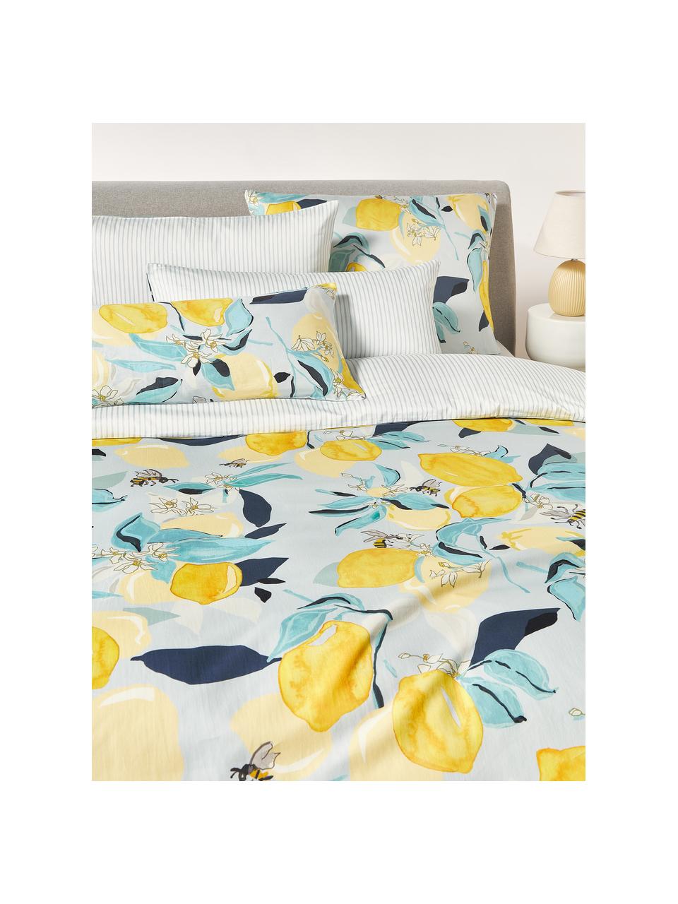 Ropa de cama doble cara de satín Garda, Blanco, amarillo, azul, Cama 80 cm (135 x 200 cm), 2 pzas.