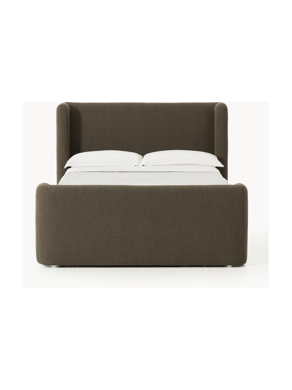 Bouclé-Boxspringbett Perla mit Stauraum, Bezug: Bouclé (71 % Polyacryl, 2, Matratze: 7-Zonen-Taschenfederkernm, Füße: Kunststoff Dieses Produkt, Bouclé Olivgrün, B 140 x L 200, Härtegrad H2