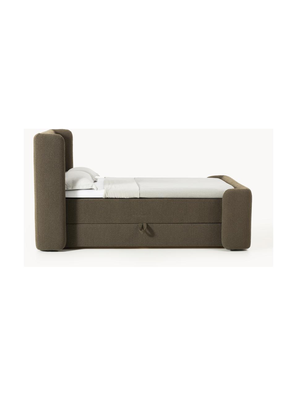 Bouclé-Boxspringbett Perla mit Stauraum, Bezug: Bouclé (71 % Polyacryl, 2, Matratze: 7-Zonen-Taschenfederkernm, Füße: Kunststoff Dieses Produkt, Bouclé Olivgrün, B 140 x L 200, Härtegrad H2