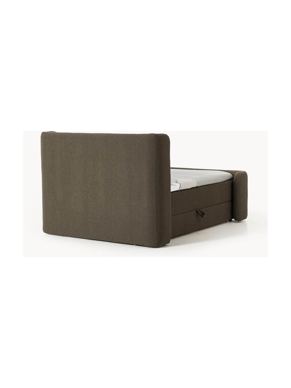 Bouclé-Boxspringbett Perla mit Stauraum, Bezug: Bouclé (71 % Polyacryl, 2, Matratze: 7-Zonen-Taschenfederkernm, Füße: Kunststoff Dieses Produkt, Bouclé Olivgrün, B 140 x L 200, Härtegrad H2