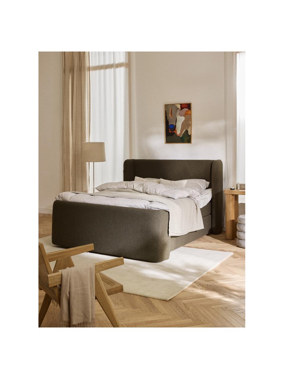 Bouclé-Boxspringbett Perla mit Stauraum, Bezug: Bouclé (71 % Polyacryl, 2, Matratze: 7-Zonen-Taschenfederkernm, Füße: Kunststoff Dieses Produkt, Bouclé Olivgrün, B 140 x L 200, Härtegrad H2