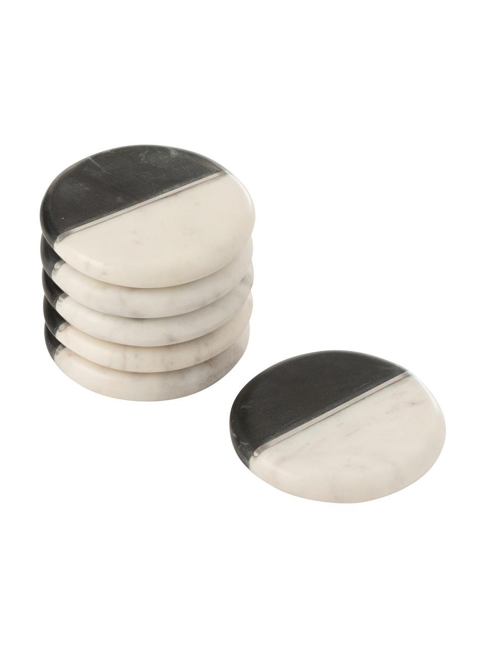 Zweifarbige Marmor-Untersetzer Mandi, 6 Stück, Marmor, Schwarz & Weiß marmoriert, Silberfarben, Ø 10 cm
