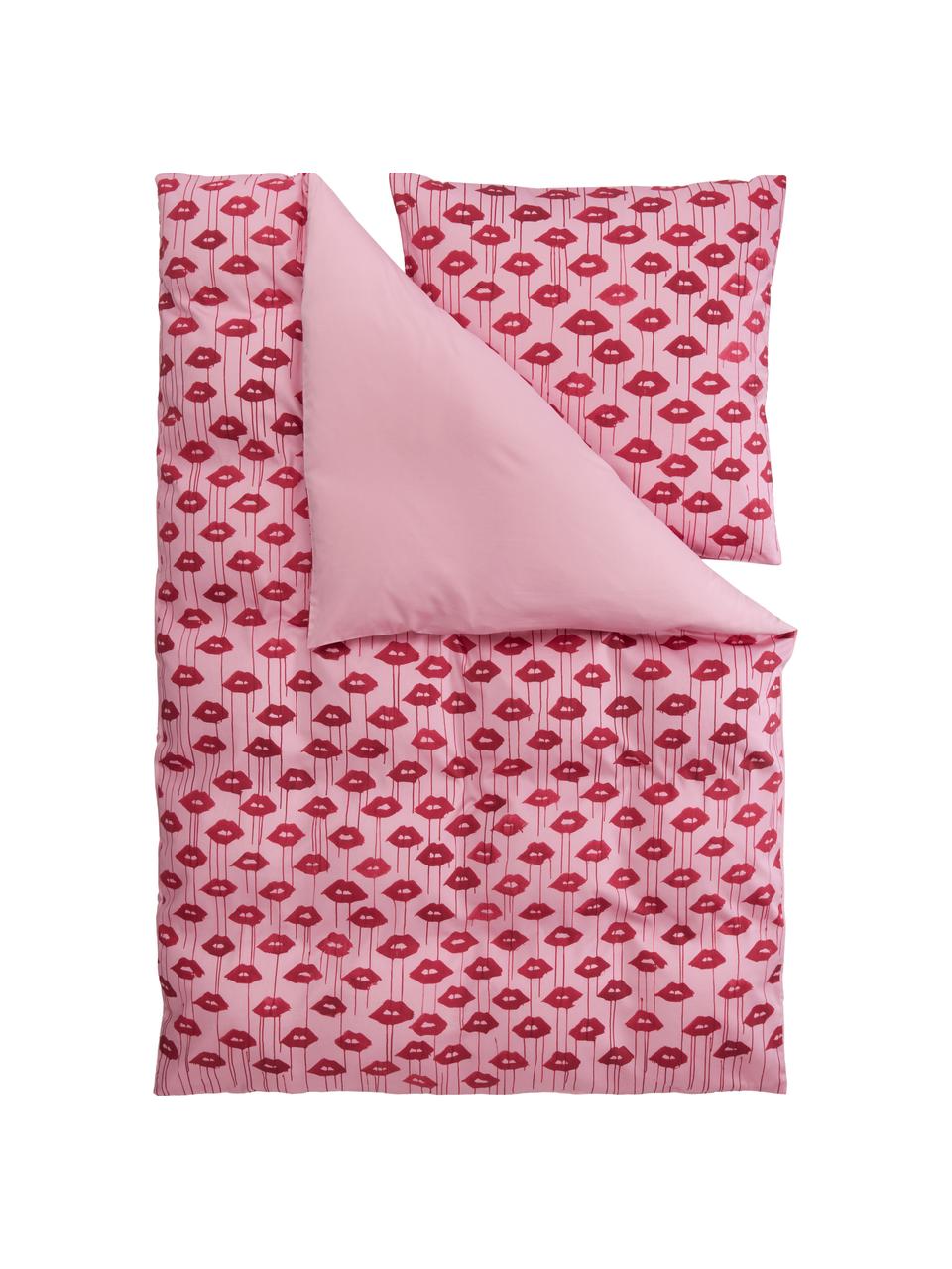 Funda nórdica de satén de diseño Kacy, Rosa y rojo estampado, Cama 90 cm (155 x 220 cm)