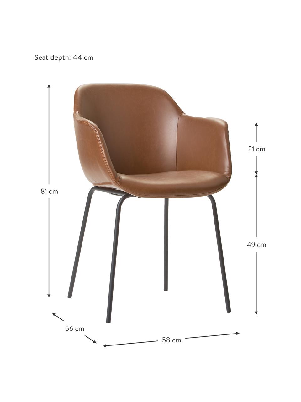 Petite chaise à accoudoirs cuir synthétique avec pieds en métal Fiji, Cuir synthétique brun, larg. 58 x prof. 56 cm