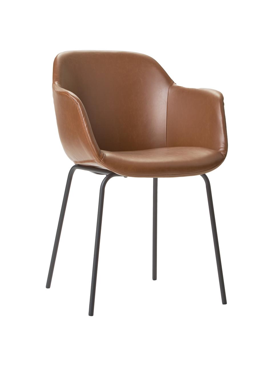 Silla con reposabrazos pequeña de cuero sintético Fiji, Tapizado: cuero sintético (poliuret, Patas: metal con pintura en polv, Cuero sintético marrón, An 58 x F 56 cm